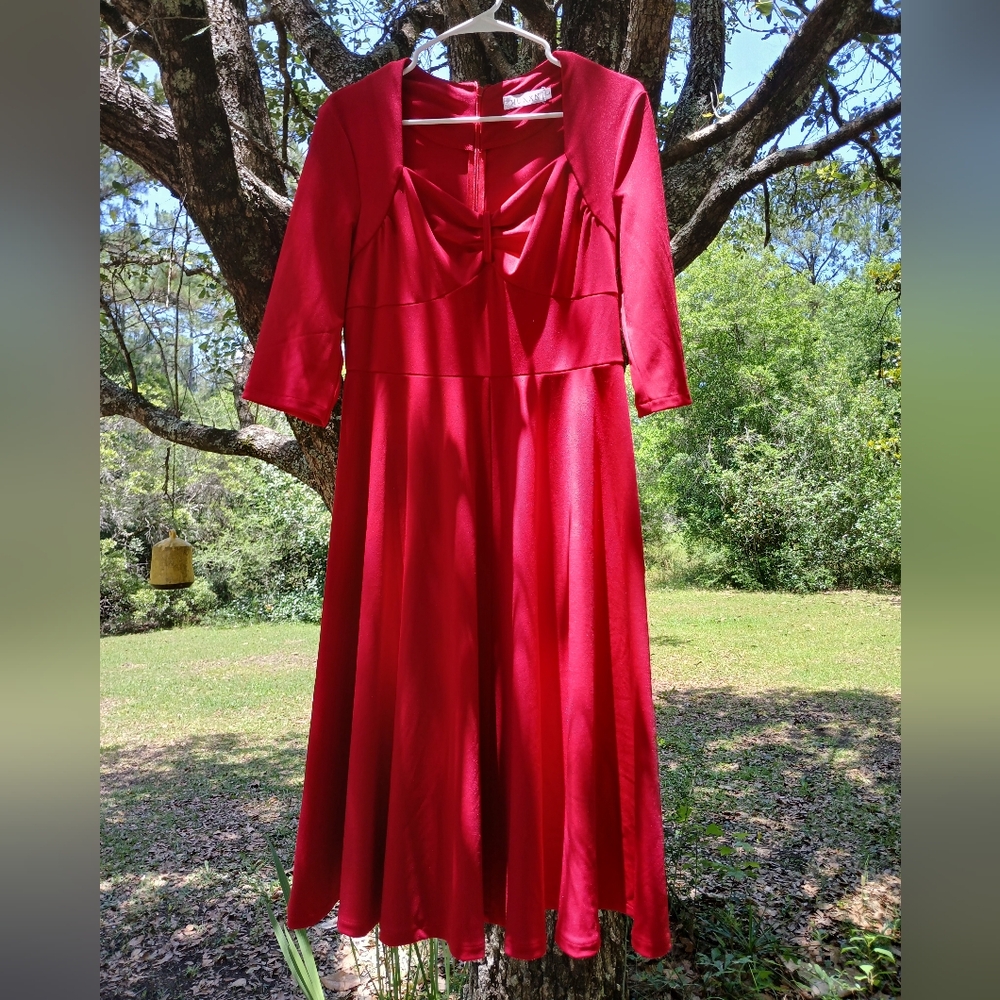 Elegant Red Sundress with Cowl Neck and 3/4 Sleeves